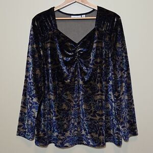 Susan Graver Velvet Dark Floral Top Sz XL Long Sleeve Fall Whimsigoth Old Money